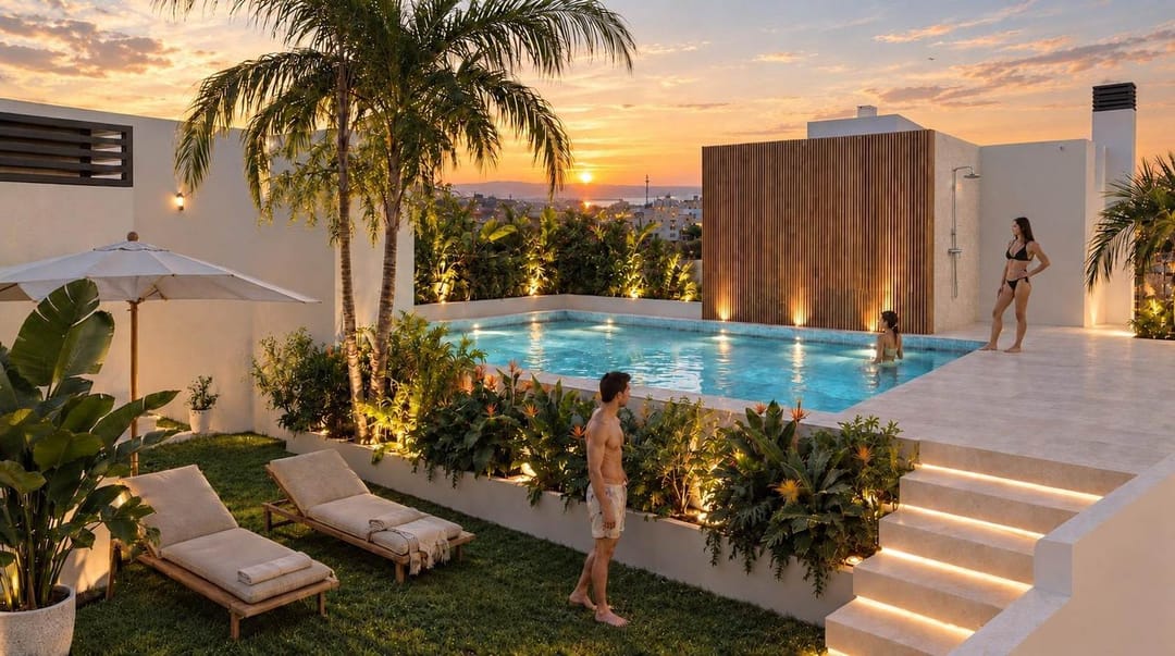 Piscina en una azotea al atardecer, con palmeras